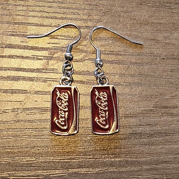 Coca Cola Soda Can Dangle Earrings Red & Silver - Picture 6 of 6